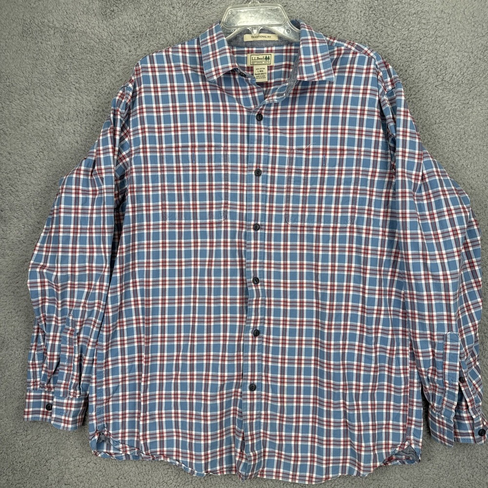 LL Bean Button Up Mens L Blue Plaid Flannel Traditional Fit Long Sleeve
